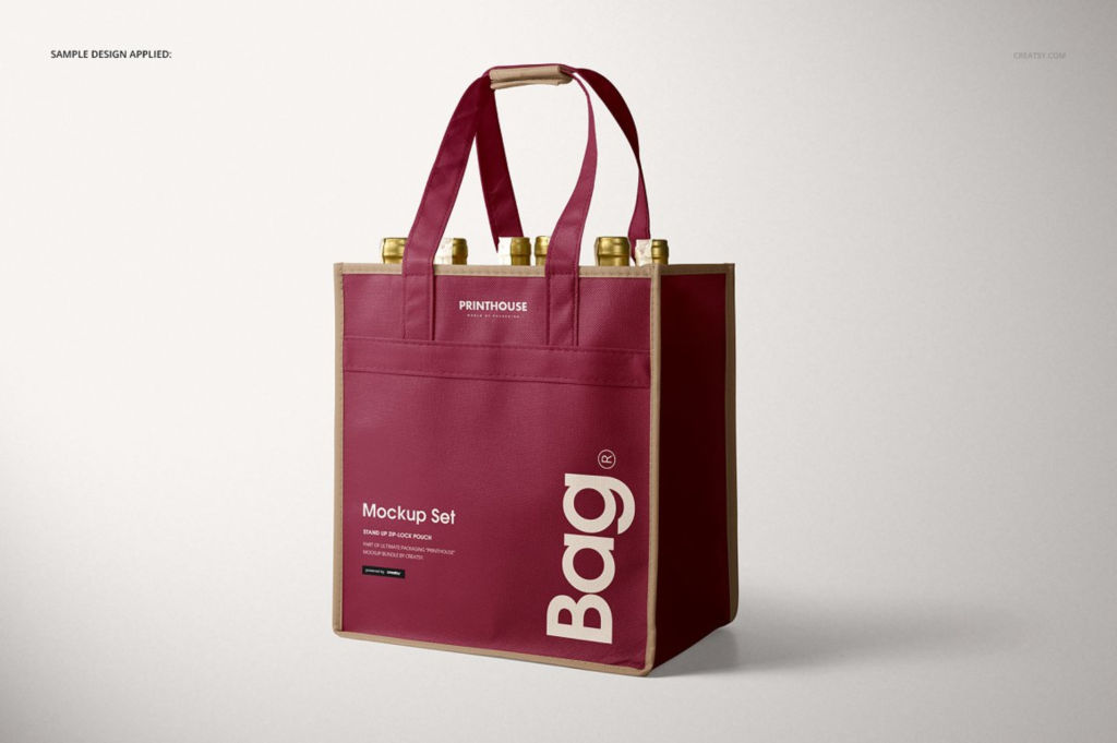 无纺布手提袋红酒袋PSD分层样机贴图模版 Bottle Non Woven Tote Wine Bag Mockup Set