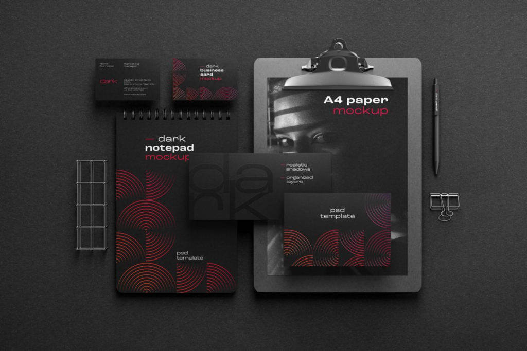 黑色信纸信封名片办公文具品牌VI样机ps贴图素材下载 Dark Stationery Branding Mockup Set